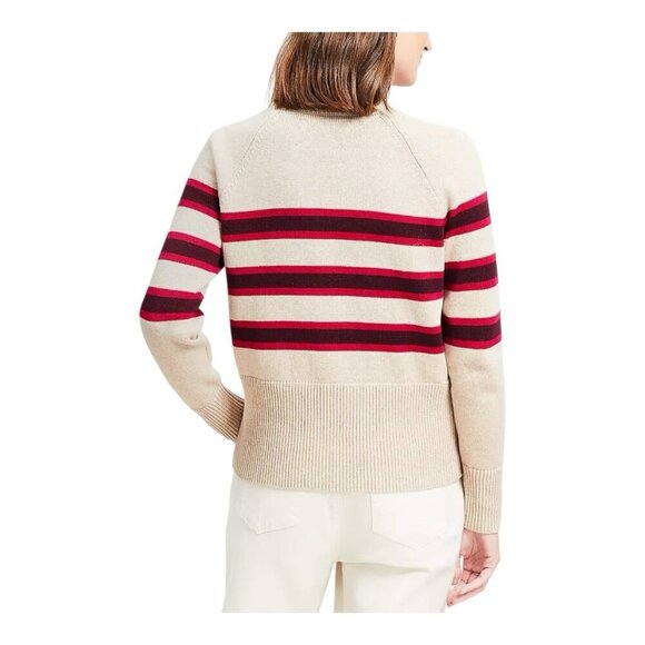 LOFT Striped Rib Trim Mock Neck Sweater Sz XL Preppy Academia Tan Red Cotton NWT - Picture 2 of 8